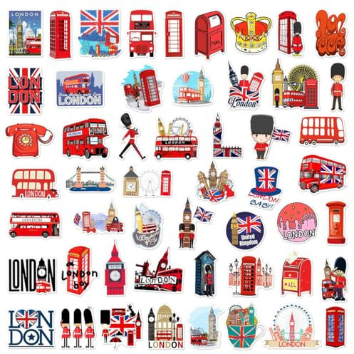 RDNKVB 50 Stücke London Bus Sticker Set Niedlich Deko Für Auto Laptop Skateboard Fahrrad Moped Motorrad Fahrrad Computer Geeignet für Erwachsene Kinder