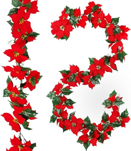 KAHEIGN Guirnalda Navideña de Poinsettia, 200CM Guirnalda Artificial de Flores de Pascua de Flexible con Flores Rojas y Hojas de Acebo para Navidad Festividades Año Nuevo Fiestas Decoración