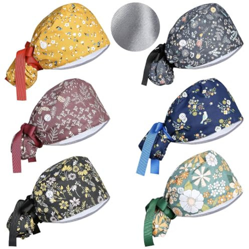 OP-Hauben für Damen, Satin-gefüttert, verstellbar, mit Knöpfen, Schweißband, Pferdeschwanz, Arbeitskappe mit Raffhalter, 4 Stück, Lebendiges Muster, 2-8