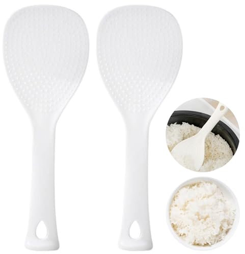 2 PCS Rice Spoon, Non-Stick Rice Paddle Vertical Standing Plastic Rice Mixing Spatula Rice Scooper with Hanging Hole 19.7x7cm