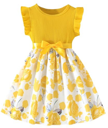 Codkkre Vestito Bowknot Bambina Vestitos Girocollo Bambina con Maniche a Balze Vestito da Bambina con Fiori A-Line Abiti Bambine e Ragazze Abito da Principessa da Festa Rosa Gialla 7 Anni
