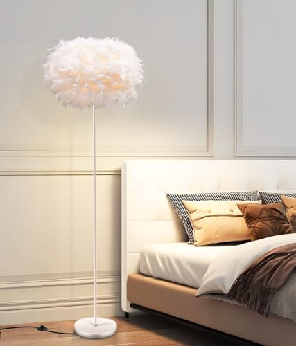 TONGNIDA Stehleuchte aus Feder, moderne Stehleuchte in reinem Weiß, Lampenschirmbreite 40 cm, E27-Spiralkopf, geeignet für Schlafzimmer, Wohnzimmer und Arbeitszimmer