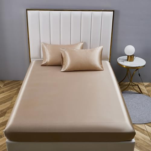 YASMENG Spannbettlaken, 180 x 200 cm, Satin, Beige / Gold, einfarbig, Umschlag 30 cm, seidig, glänzend, luxuriös, aus Seide, Polyester, weich, glatt, atmungsaktiv, für dicke Matratzen