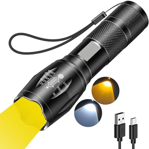 MVIOCS Rechargeable Yellow Light Flashlight with Yellow and White LED Combo, 2000 Lumens Super Bright LED Small Powerful Zoomable Flashlight, Rechargeable Flashlights for Camping, Emergency
