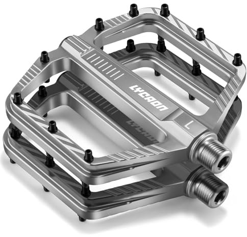 LYCAON Bike Cycling Pedals, CNC Machined Aluminum Alloy Durable Non-Slip Bicycle Pedal, CR-MO & Bearings Pedals for 9/16 Universal Cycling MTB BMX Mountain Road Bike Pedals (Titanium Grey)