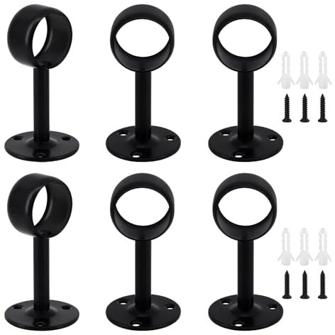 Lot de 6 supports de tringle à rideaux en acier inoxydable de 22 mm - Noir - Fixation murale ou plafond - Avec vis pour armoire, placard, salle de bain