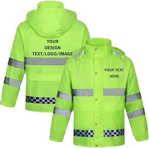 Nicevhljac Herren-Regenjacke, personalisierbar, hohe Sichtbarkeit, wasserdicht, individuelles Logo/Foto/Text, Outdoor, winddicht, Arbeitskleidung, mit Kapuze und sicherem Reflektorstreifen