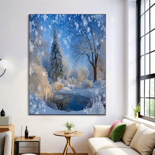 ZISTRCBAO Schneeflockenteichwald Leinwand Bilder Schlafzimmer, Wandbilder Wohnzimmer Winterlandschaft Leinwand Bilder Wanddeko Kunstdruck Badezimmer Büro Esszimmer Küche 70×100 cm Ungerahmt, Blau