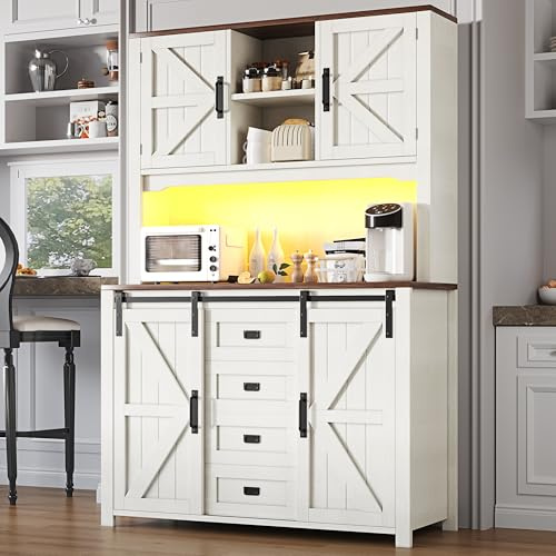 Huayz Armario de cocina alto, armario de buffet con LED y puertas correderas, armario de cocina alto con estante ajustable y cajones, vitrina para cocina, salón, 115 × 40 × 174,7 cm