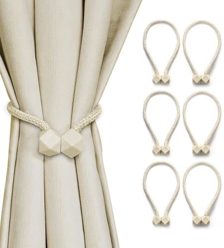 SJDOFU Magnetische Vorhang Raffhalter, 6 Stück Magnetische Gardinen Raffhalter, Vorhanghalter Seil Gardinenhalter Schnallen für Home Büro Gardinen Deko(Beige)