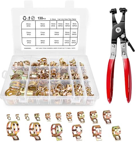 Lot de 130 colliers de serrage en acier inoxydable avec pince de serrage, 16 tailles de collier de serrage de 6 à 25 mm pour voiture, conduite de carburant, jardin, maison et atelier