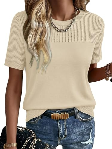 KISSMODA Womens Summer Tops Casual Crewneck Short Sleeve Jumpers Solid Hollow Out Knitted Loose Sweater Blouses Basic Trendy Knitwear