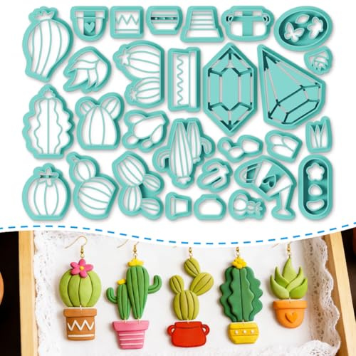 ORIGACH 29 Stück Kaktus Polymer Clay Ausstecher Ohrringe | Polymer Clay Cutters Mit Aufbewahrungsbox Geometrische Modelliermasse-Ausstecher für Schmuckherstellung DIY Ohrringe
