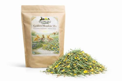 PureMeadow Golden Meadow Mix 1kg – Strukturiertes Kaninchenfutter mit Wiesenheu, Kräutern, Getreide & Gemüse – Ergänzungsfutter für Kaninchen & Zwergkaninchen