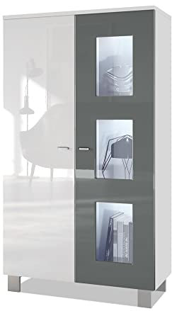 Vladon Vitrine de Salon Denjo, Vitrine sur Pied avec 2 Portes et 3 vitres, Blanc Mat/Blanc Haute Brillance/Gris Haute Brillance, éclairage LED Inclus (71 x 129 x 35 cm)