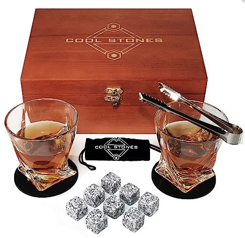 Whiskey-Steine und Whiskeyglas in Geschenkbox, 8 Granit-Kühl-Whisky-Steine, 2 Gläser in Holzbox, tolles Geschenk für Vatertag, Geburtstag oder zu jeder Zeit für den Vater, plus 2 gratis Untersetzer