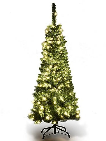 COSTWAY Albero di Natale Slim 135/200/225 cm con 150/250/350 Luci a LED Calde Incorporate, 226/708/1085 Rami Folti e Base di Metallo, per Festa (135 cm)