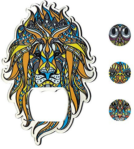 KADAX Flaschenöffner, Tier Design, Bieröffner aus Stahl, Einhand Öffner mit Magnet, bunter Kapselheber, funktioneller Kühlschrankmagnet, Kronkorkenöffner mit Dimensionaldruck (Löwe)