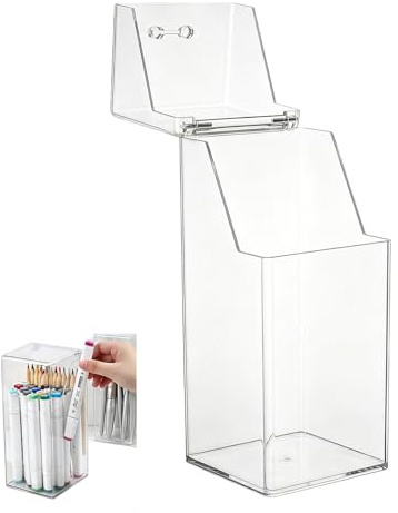 QUUPY Soporte para brochas de maquillaje, acrílico transparente, organizador de brochas de maquillaje, caja de almacenamiento con tapa, recipientes para brochas de maquillaje para tocador de baño