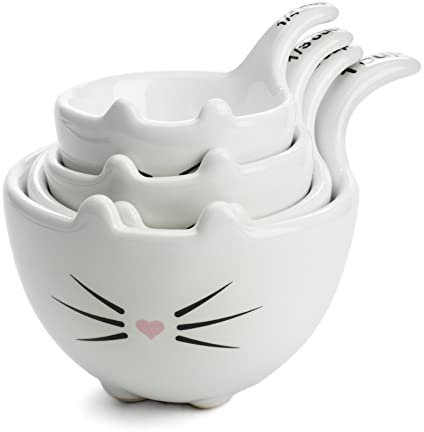 White Ceramic Cat Measuring Cups: Set of Cat Shaped Bowls - 1 Cup, 1/2 Cup, 1/3 Cup and 1/4 Cup