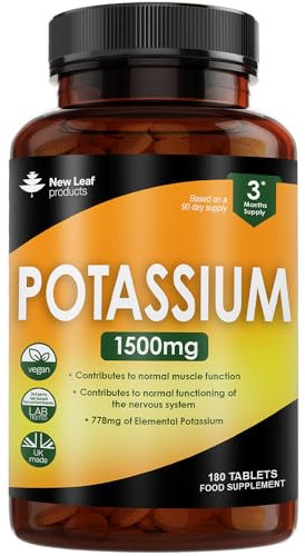 Potassium Supplements High Strength - 180 Vegan Potassium Tablets Mineral Electrolytes Supplement Contributes to Normal Muscle Function, Nervous System - Gluten-Free, Non-GMO, Made in UK by New Leaf