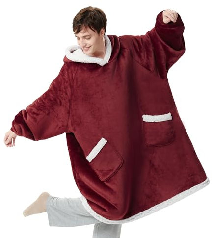 Bedsure Übergroße tragbare Decke mit Kapuze – Herren-Kapuzendecke, Sherpa-Fleece-Kuscheldecke für Frauen, warme, bequeme Pulloverdecke, Geschenk für sie, Geschenke für Frauen, rot 110 x 90 cm