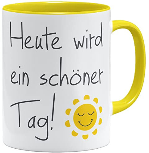 OM3® Kaffee-Tasse mit Spruch - heute wird ein schöner Tag - gute Laune Sonne Motivation - Keramik Becher - 325ml - Beidseitig Bedruckt - Gelb