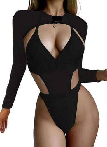Ella Lust Rave Outfits for Women - Festival Sexy Neon Bodysuit Swimwear Concert One Piece Swimsuit Mesh Buckle Crop Top Cover-up Club Party Costume Bikini 2 Pcs Set(Black,L,1017r)