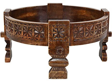 Casa Moro Orientalischer Beistelltisch Rakim BRAUN Ø 50cm rund x Höhe 26cm CHAKKI Tisch aus Massiv-Holz geschnitzt in Antik-Look | marokkanischer Bodentisch Couchtisch Sofatisch | MA44-31