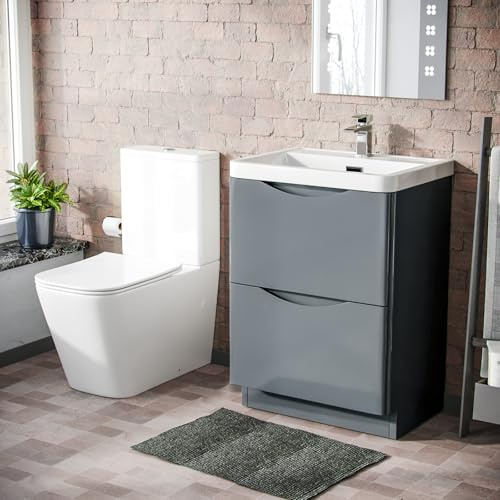 Nes Home Merton 600mm Grey Freestanding Vanity Basin Unit & Rimless Close Coupled Toilet