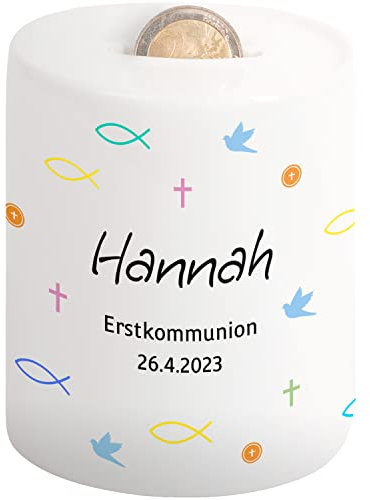 Kinder-Spardose als Geschenk zur Kommunion „Erstkommunion“ personalisiert mit Namen & Datum - Sparbüchse für Mädchen & Jungen – Geld-Geschenke Geschenkideen (Erstkommunion)