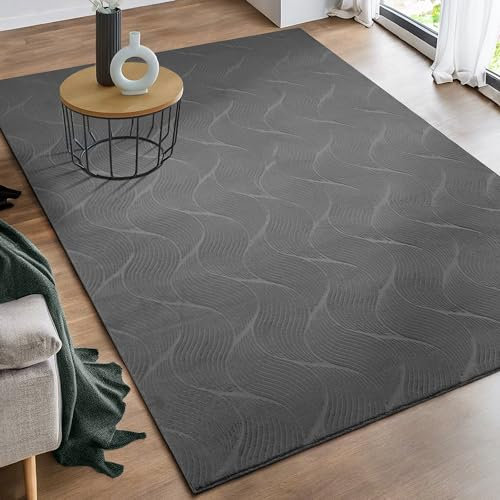 the carpet Rio - moderner und weicher Teppich Wohnzimmer Schlafzimmer mit Anti-Rutsch-Rücken und 3D-Optik, Flauschige Oberfläche, pflegeleicht und robust, Anthrazit, 160 x 220 cm