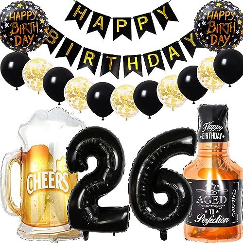 Dalettu Luftballon 26. Geburtstag Deko Frauen, Geburtstagsdeko 26 Jahre Mann Frau, Folienballon Whiskey Bierglas Helium Ballon Weinflasche Bier Deko für 26. Geburtstag Manner Party Zubehör