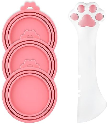BOXOB 3 Stück Tierfutter Dosendeckel mit Niedlichem Löffel, Tierfutter Dosendeckel Silikon Dosendeckel für Katzenfutter mit Katzenpfoten Förmigem Löffel zum Füttern von Katzen und Hunden (Rosa)