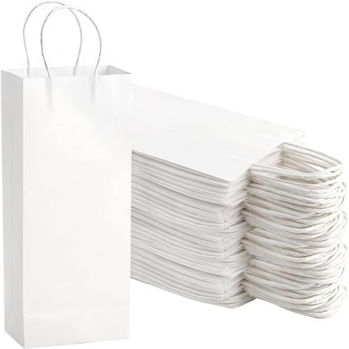 WUWEOT 50 Stück Weintüten, Kraftpapiertüten, blau, weiße Geschenktüten, Einkaufstaschen, Partytüten, recycelbare Einzelhandelstaschen, Verpackungsbeutel mit Griff, 13,7 x 8,4 x 33 cm