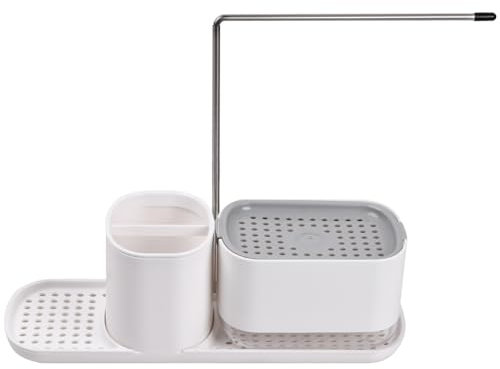 4 in 1Küchenspüle Caddy Organizer, Küche Spülmittelspender, Nachfüllbarer Druckknopf Seifenspender mit Schwammhalterung Aufbewahrung für Schrubber, Schwämme, Bürsten (+Aufbewahrungsbox)
