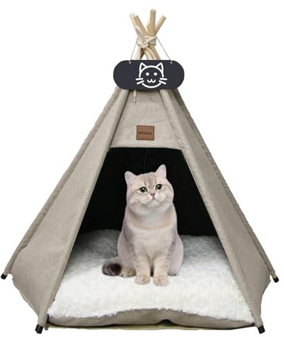 Whiwhi Tipi Zelt für Haustiere Hundezelt Katzenzelt mit Kissen Waschbar Haustierzelte Häuser Hundehöhle und Haustierhäuser Wegklappen Haustier Zelt Möbel 50x50x60cm