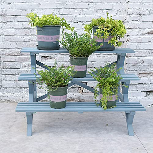 Blumenständer Aus Holz, 3 Ebenen Blumentreppe Ecke Blumenbank Blumenständer, for Innen Balkon Wohzimmer Outdoor Garten, Pflanzenständer Im Freien,Innendekorationsregal,Blau Massivholz-Blumenständer (