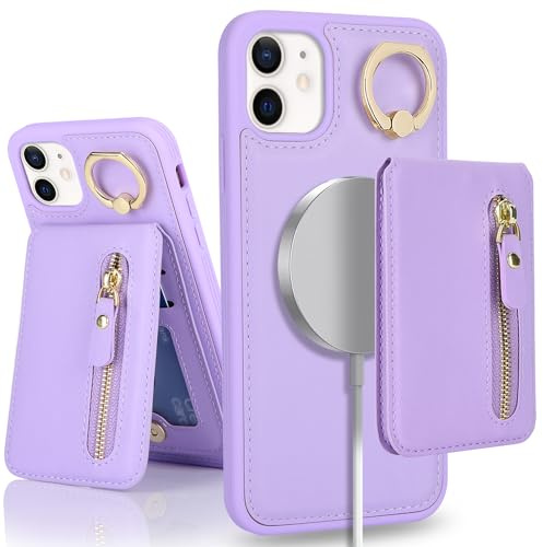 SailorTech iPhone 12 Phone Case with Card Holder, iPhone 12 Pro Case Magsafe Ring Stand with Kickstand Card Slots Wallet Detachable 2-in-1 Zipper Case - Purple