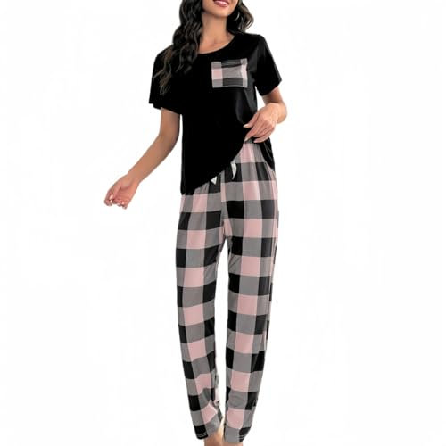 SamHeng Women's Pyjama Set Round Neck Short Sleeve Tops and Long Pants Soft Sleepwear Loungewear Summer Pjs Set Casual Nightwear for Ladies(Pink/L)