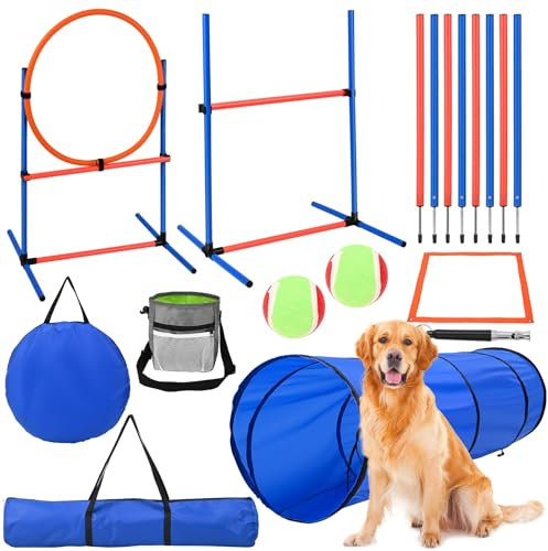 Tanniws 70-Teiliges Agility Set Hunde hundetraining Agility Set Hunde groß 8 Slalomstangen Springring, 2 Ball, Pause-Box, Leckerlibeutel, Tragetasche Hunde intelligenzspielzeug Agility Set