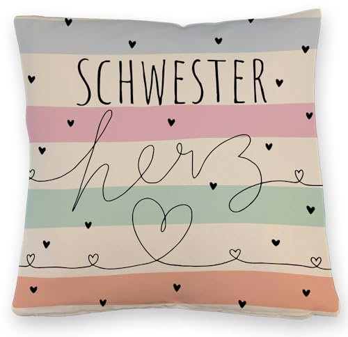 Herzen Kissen mit Leinenoptik mit Spruch Schwesterherz Originelles Geschenk für Schwester Liebevolle Familie Freundin Perfekt zum Geburtstag oder Weihnachten