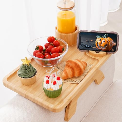 Nnewvante Sofa Arm Tray, 3 in 1 Large 39x25cm Bamboo Couch Arm Table Tray Sofa Armrest Clip on Tray Table with 360°Rotated Phone/Drink Holder
