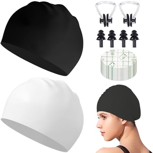 Bonnet de Bain, Bonnet de Bain Piscine, Bonnet de Bain en Silicone, Bonnet De Bain Unisexe, Bonnet Piscine Unisexe, Bonnet Piscine Femme Cheveux Long, Bonnet de Bain en Imperméable, 2 Pièces