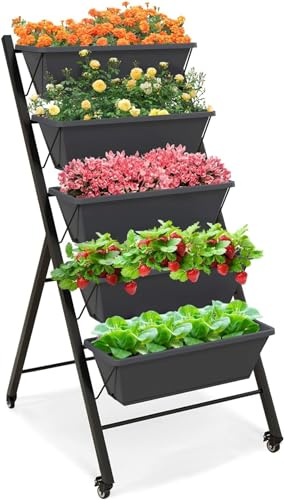 Vertikales Hochbeet mit 5 Etagen,Garden Vertikalbeet mit 5 senkrechten Etagen,Vertikalbeet mit Rollen, Blumentreppe aus Metall, Gemüsebeet Blumenkasten für Balkon Garten-Schwarz||57 x 68 x 117 cm