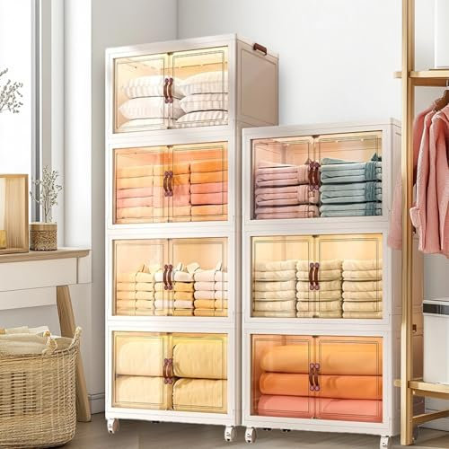 Tikxlafe Stapelbare Faltbar Stapelboxen mit Türen,71L (60 * 36 * 33cm) ×3 Ebenen Stapelbare Aufbewahrungsboxen,Stapelboxen Kunststoff Transparente mit Rollen für Küche,Büro & Wohnzimmer