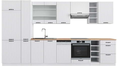 Vicco Küchenzeile Fame-Line, Küchenblock, Weiß Landhaus/Weiß, 355 cm, AP Eiche