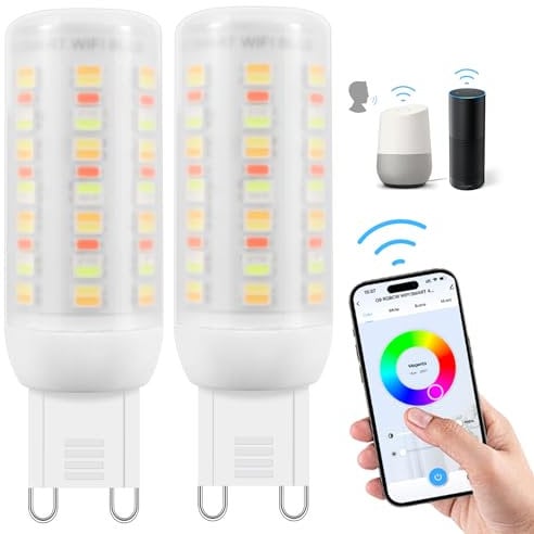 Ampoules LED Wi-Fi RGBCW Smart G9,Compatibles Alexa/Google Home,AC 220V Multicolores à Intensité Variable,2700K-6500K,Luminosité Réglable de 1% à 100%,4W,400LM, Synchronisation Musicale, Pack de 2
