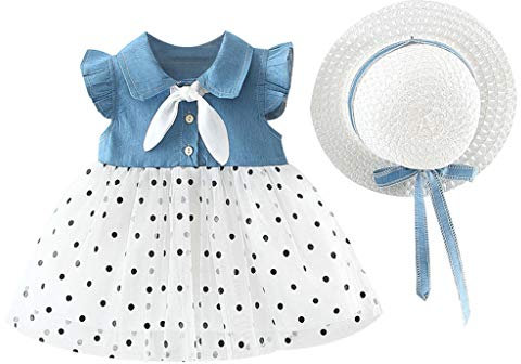 Kleinkind Baby Mädchen Kleid Sommer Blumen Rüschen Träger Ärmellos Lässig Strand A Linie Kleider Blumenhut Partykleidung Mädchen Blumen (Z-C-Light Blue, 2-3 Years)