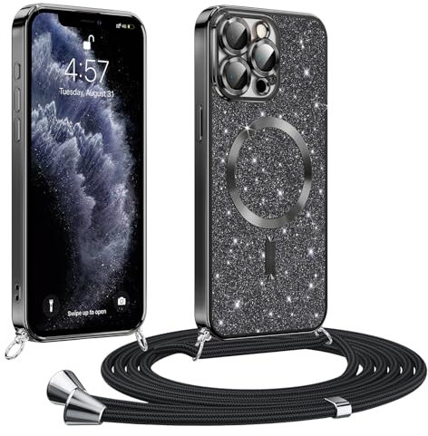 Phoona handyband Hülle für iPhone 11 Pro mit Band, Glitzer Handyhülle Kompatibel mit MagSafe, Ganzkörperschutz Kratzfeste Stossfest Schutzhülle mit Einstellbar Kette, Schwarz